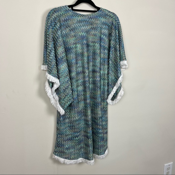 ALEXIS PONCHO COVER UP IN BLUE AND GREEN WITH WHITE FRINGE TRIM SIZE XS/S - Picture 13 of 13